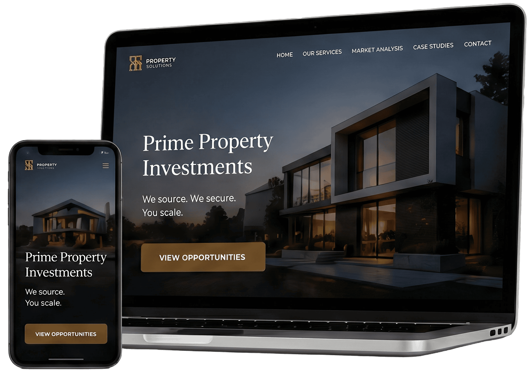 Home 1 Luxury real estate investment website mockup displayed on a laptop and smartphone with a modern black and gold UI design.